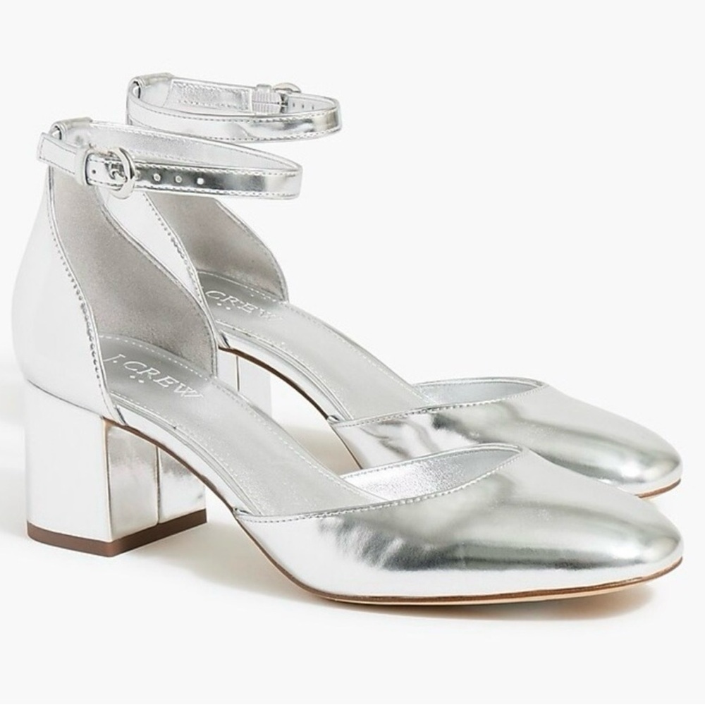 J. Crew Metallic Silver Ankle Strap Heels